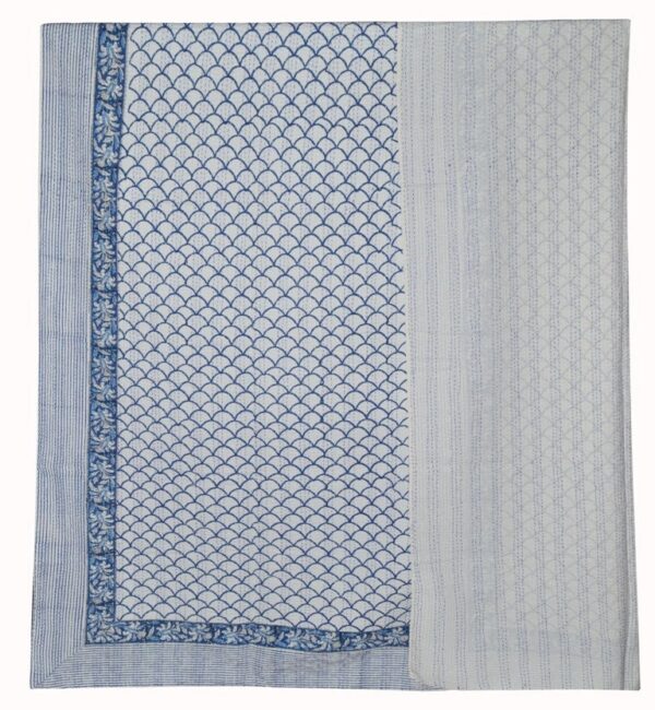 Indian Hand Block Blue Print Kantha Quilt Reversible Bedding Boho Cotton Bedspread Twin Size Kantha Bedcover